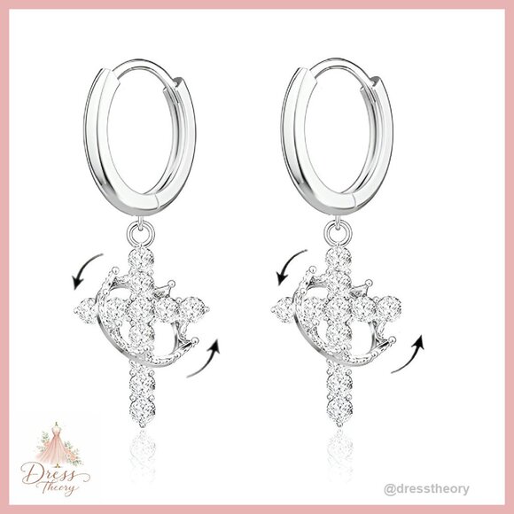 Jewelry - Silver Cross Dangle Earrings with Rhinestones, 360° Rotating Design